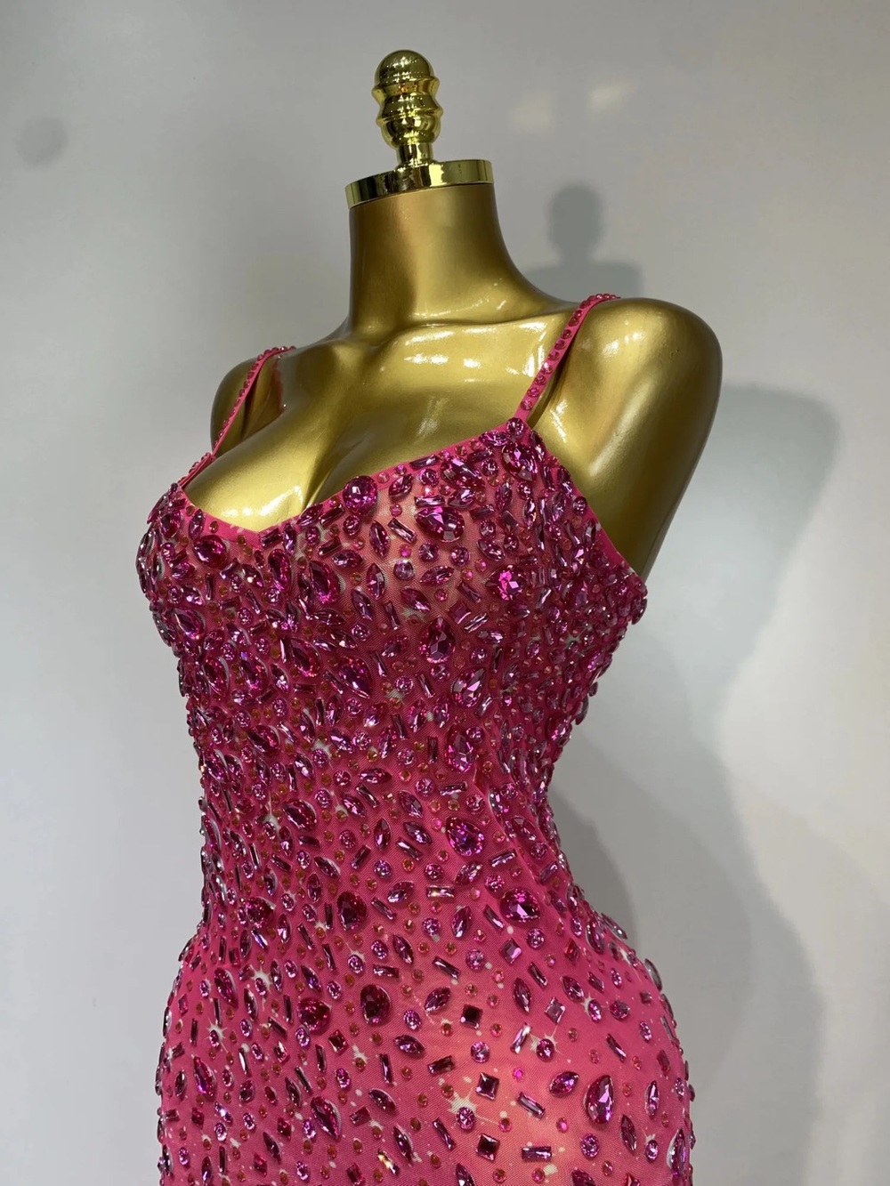 Fuchsia Beaded Spaghetti-Strap Maxi Dress